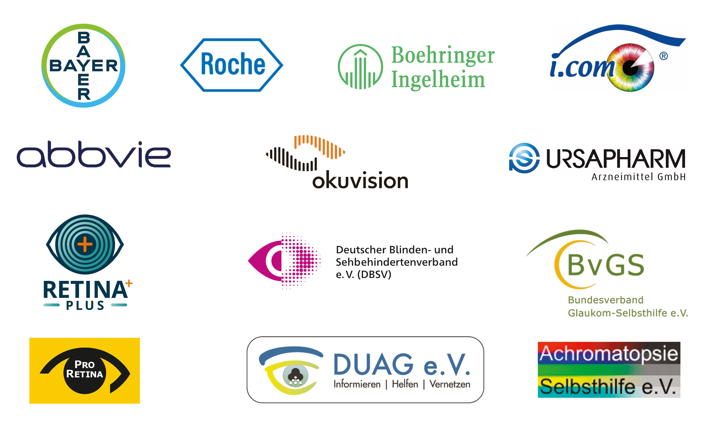 Folgende Firmen und Verbände unterstützen die Kampagne: Bayer, Roche, Boehringer-Ingelheim, i-com, abbvie, okuvision, urspharma, Retina plus, Deutscher Blinden- und Sehbehindertenverband,Bundesverband Glaukom-Selbsthilfe, Pro Retina, DUAG, Achromatopsie Selbsthilfe